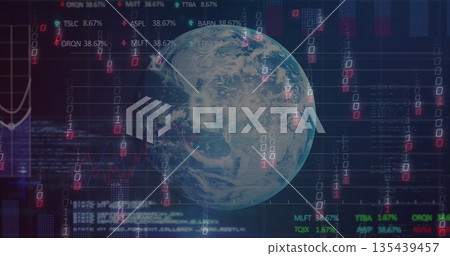 Rotating 3D globe of Earth on dashboard, projecting binary digits, stock tickers and code panels 135439457