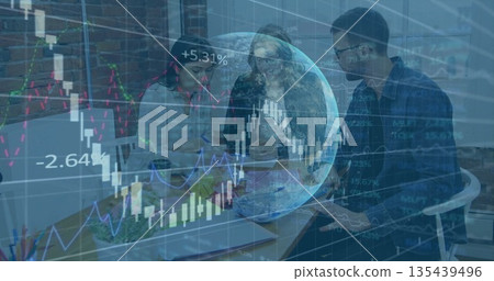 Professionals reviewing laptop data and documents at conference table, with digital graphs Professionals reviewing laptop data and documents at conference table, with digital graphs 135439496