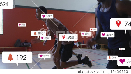 Sprinting three male athletes wearing sportswear on gym court, with bench bags, notification icons Sprinting three male athletes wearing sportswear on gym court, with bench bags, notification icons 135439510