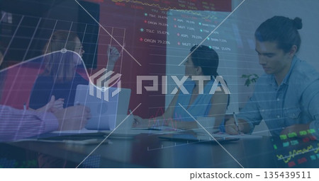 Group of five professionals discussing financial charts in boardroom, with open laptops and screen 135439511