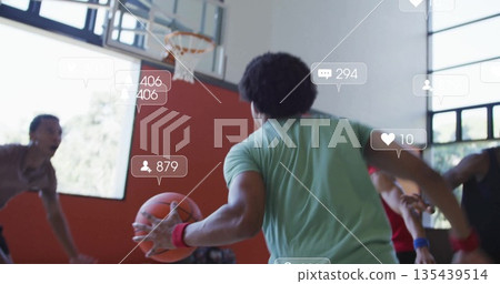 Dribbling mint green t-shirt player toward hoop above red padding in gym, with ball and wristbands 135439514