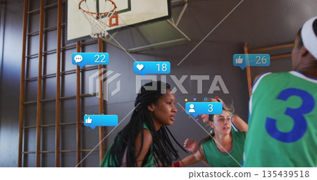 Dribbling female player wearing green vest moving toward hoop on gym court, with wall bars 135439518