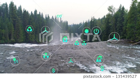 Flowing river rapids churning through pine forest canyon under cloudy sky with environmental icons Flowing river rapids churning through pine forest canyon under cloudy sky with environmental icons 135439527
