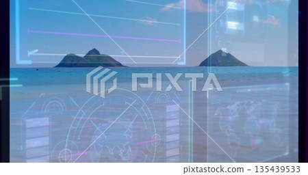 Displaying HUD overlays framing islands rising from turquoise sea along coastline, with data panels 135439533