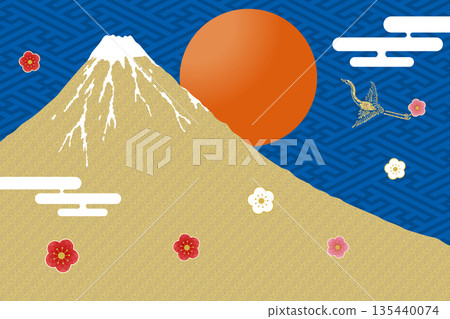 通用新年賀卡插圖:新年畫面背景:初升的太陽、金箔富士山和梅花。日式紗綾圖案背景。 通用新年賀卡插圖:新年畫面背景:初升的太陽、金箔富士山和梅花。日式紗綾圖案背景。 135440074