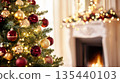 Christmas tree adorned with colorful ornaments and warm lights in a cozy living room setting 135440103