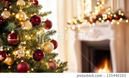 Christmas tree adorned with colorful ornaments and warm lights in a cozy living room setting 135440103