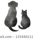 Watercolor style silhouette illustration of a dog and cat from behind 135440211