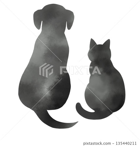 Watercolor style silhouette illustration of a dog and cat from behind 135440211
