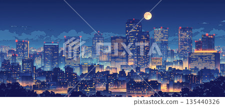 賽博龐克風格的摩天大樓城市插畫：月亮漂浮在夜空中，窗戶閃閃發光。近未來城市的背景素材。 135440326