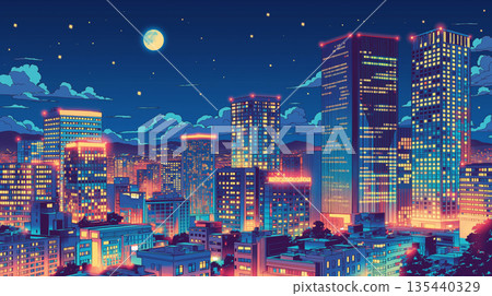 賽博龐克風格的摩天大樓城市插畫：月亮漂浮在夜空中，窗戶閃閃發光。近未來城市的背景素材。 135440329