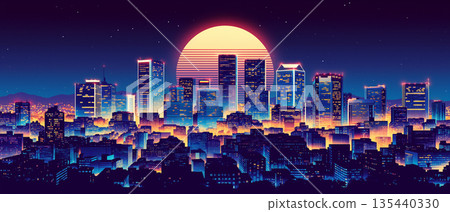 賽博龐克風格的摩天大樓城市插畫：月亮漂浮在夜空中，窗戶閃閃發光。近未來城市的背景素材。 135440330