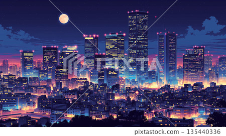 動畫風格的都市夜景：一幅夢幻般的夜景背景插畫，展現了星空和摩天大樓。 135440336