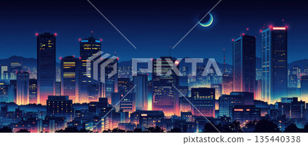 賽博龐克風格的摩天大樓城市插畫：月亮漂浮在夜空中，窗戶閃閃發光。近未來城市的背景素材。 135440338