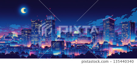 動畫風格的都市夜景：一幅夢幻般的夜景背景插畫，展現了星空和摩天大樓。 135440340