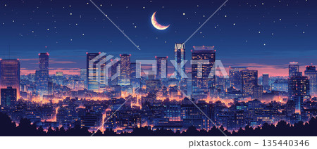 復古流行都市夜景：80年代動漫風格背景素材，以夜空和建築為特色。 135440346
