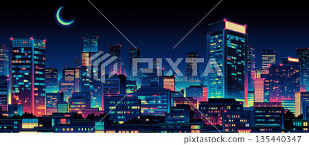 復古流行都市夜景：80年代動漫風格背景素材，以夜空和建築為特色。 135440347