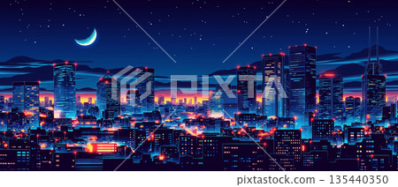 懷舊復古藝術夜景：霓虹閃爍的建築和璀璨的夜空，構成了一幅奇妙的都市景觀。 135440350