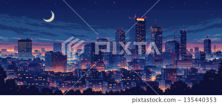復古風格未來城市夜景插畫：未來主義動漫風格背景，配上滿月和摩天大樓。 135440353