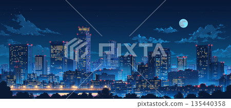 復古風格未來城市夜景插畫：未來主義動漫風格背景，配上滿月和摩天大樓。 135440358
