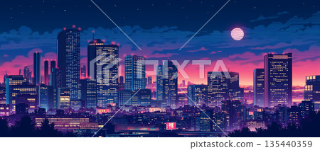 復古風格未來城市夜景插畫：未來主義動漫風格背景，配上滿月和摩天大樓。 135440359