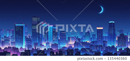 懷舊復古藝術夜景：霓虹閃爍的建築和璀璨的夜空，構成了一幅奇妙的都市景觀。 135440360