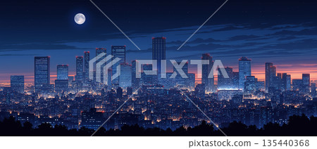 懷舊復古藝術夜景：霓虹閃爍的建築和璀璨的夜空，構成了一幅奇妙的都市景觀。 135440368