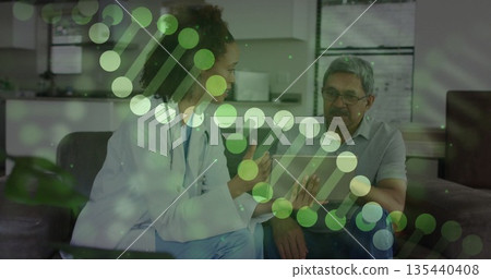 Reviewing data, physician in lab coat guiding senior patient on sofa, with tablet and DNA overlay Reviewing data, physician in lab coat guiding senior patient on sofa, with tablet and DNA overlay 135440408