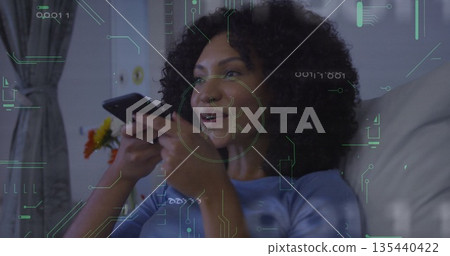 Speaking adult woman holding smartphone to mouth while sitting on living room sofa, green overlay Speaking adult woman holding smartphone to mouth while sitting on living room sofa, green overlay 135440422