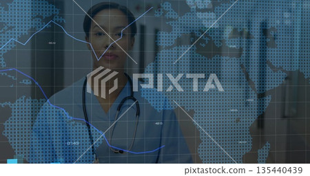 Standing nurse wearing scrubs and stethoscope in hospital, with map overlay and colored line charts Standing nurse wearing scrubs and stethoscope in hospital, with map overlay and colored line charts 135440439