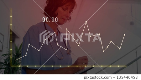 Mature nurse recording patient metrics in hospital, with clipboard pen stethoscope graph overlay Mature nurse recording patient metrics in hospital, with clipboard pen stethoscope graph overlay 135440458