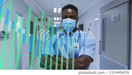 Standing doctor wearing scrubs and mask in hospital corridor with stethoscope and overlays 135440459