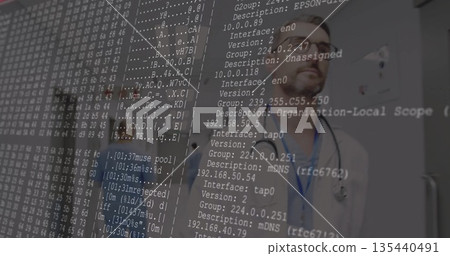 Doctor in lab coat wearing stethoscope analyzing network data in corridor, with transparent display 135440491
