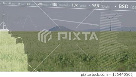 Showing wind turbine rising right of grassland with hills and currency data overlay, copy space 135440505