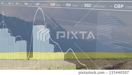 Overlaying bar chart, line graph across field by fence and mountain range, showing currency ticker Overlaying bar chart, line graph across field by fence and mountain range, showing currency ticker 135440507