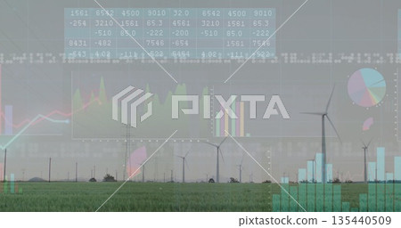 White wind turbines displaying real-time data in rural field with bar chart  and  numeric grid overl 135440509