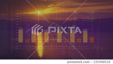Data visualization overlaying lakeshore sunset, with bar charts line graph numeric labels waveforms 135440510