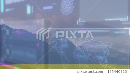 Scanning translucent world map interface over grassland at mountain foot, with circular globe Scanning translucent world map interface over grassland at mountain foot, with circular globe 135440513