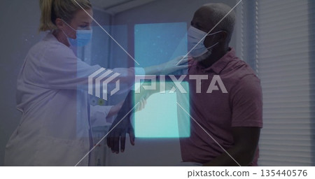 Examining doctor wearing coat and mask touching patient arm in clinic, with interface overlays Examining doctor wearing coat and mask touching patient arm in clinic, with interface overlays 135440576
