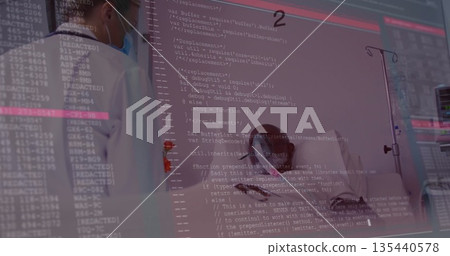 Lying patient in gown receiving IV drip in hospital room, with doctor, code overlay Lying patient in gown receiving IV drip in hospital room, with doctor, code overlay 135440578