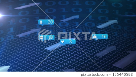Displaying social media notification icons moving over blue grid, with binary code and arrows 135440598