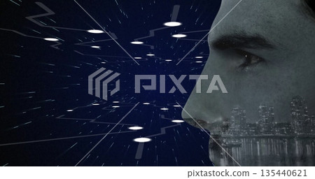 Showing male gazing into digital tunnel with city skyline reflection and warp streaks, copy space Showing male gazing into digital tunnel with city skyline reflection and warp streaks, copy space 135440621