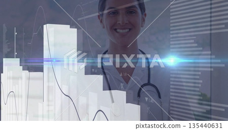 Blending smiling female doctor wearing white lab coat and stethoscope with digital data overlays Blending smiling female doctor wearing white lab coat and stethoscope with digital data overlays 135440631