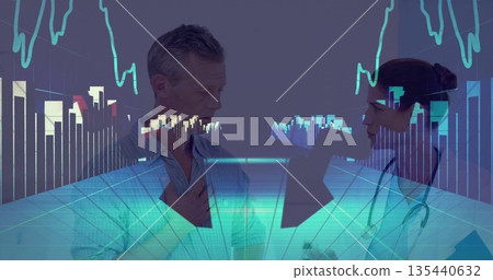 Patient clutching chest and doctor in lab coat consulting in lab with stethoscope and ECG waveforms Patient clutching chest and doctor in lab coat consulting in lab with stethoscope and ECG waveforms 135440632