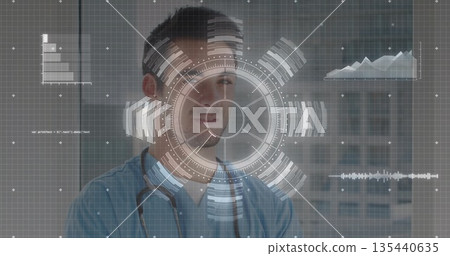 Doctor in blue scrubs with stethoscope examining HUD panels in clinic, with digital graphs Doctor in blue scrubs with stethoscope examining HUD panels in clinic, with digital graphs 135440635