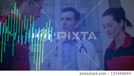 Doctor with stethoscope and paramedics in uniforms analyzing data in ER corridor, chart overlay Doctor with stethoscope and paramedics in uniforms analyzing data in ER corridor, chart overlay 135440644