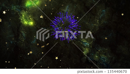 Central purple-blue radial burst radiating in dark backdrop with glowing green patches, gold stars 135440670