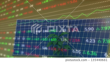 Showing solar panel with green sapling on dotted grid amid stock tickers and trend line graph Showing solar panel with green sapling on dotted grid amid stock tickers and trend line graph 135440681