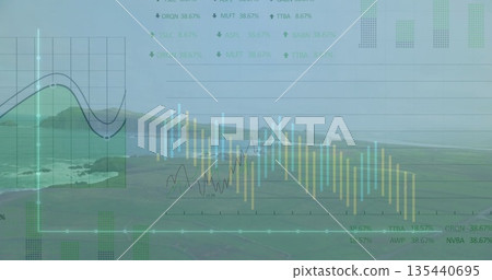 Displaying line charts and bar charts over coastal hillside, with grid overlays and data points 135440695