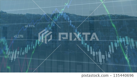 Displaying chart overlaying rocky cliff, with blue and green bars, graphs, grid and percentages Displaying chart overlaying rocky cliff, with blue and green bars, graphs, grid and percentages 135440696